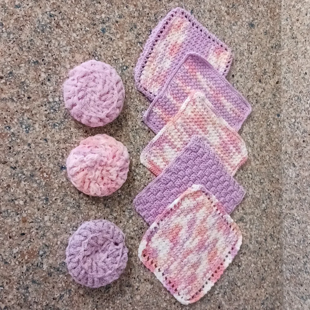 Hostess Set 5 dishcloths 3 scrubbies crochet handmade Purple Pink Spring